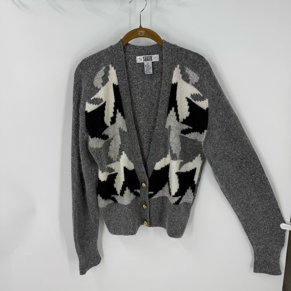 Segue vintage silk angora lambswool blend hounds tooth print cardigan Sweater L